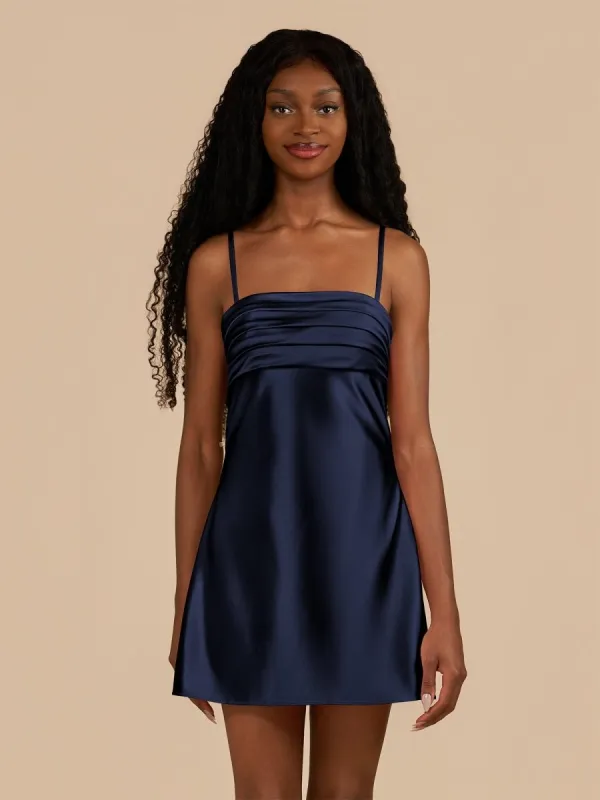 Draya | Navy Blue - Sheath Spaghetti Straps Satin Homecoming Dress sold by KissProm