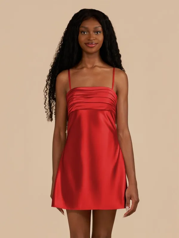 Draya | Red - Sheath Spaghetti Straps Satin Homecoming Dress sold by KissProm