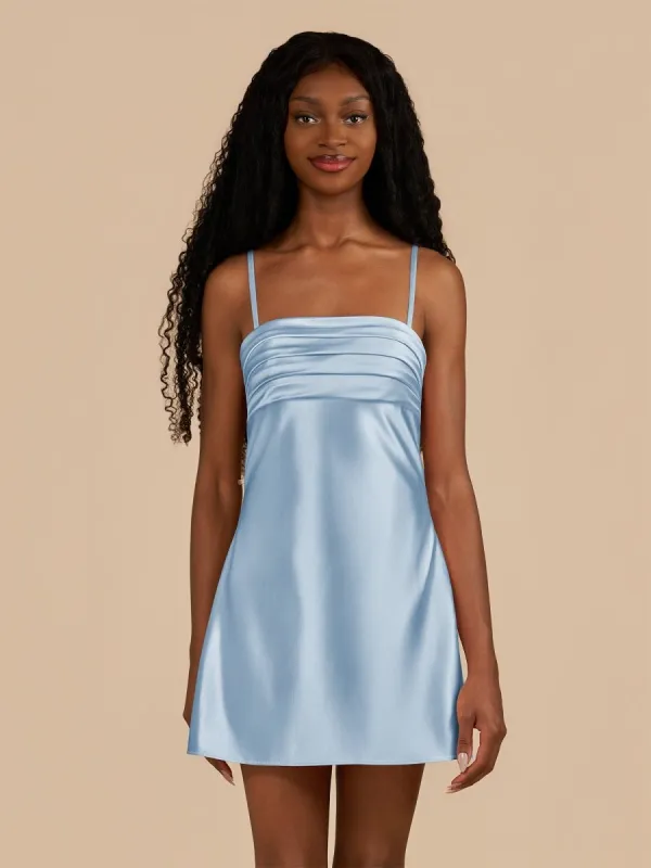 Draya | Sky Blue - Sheath Spaghetti Straps Satin Homecoming Dress sold by KissProm