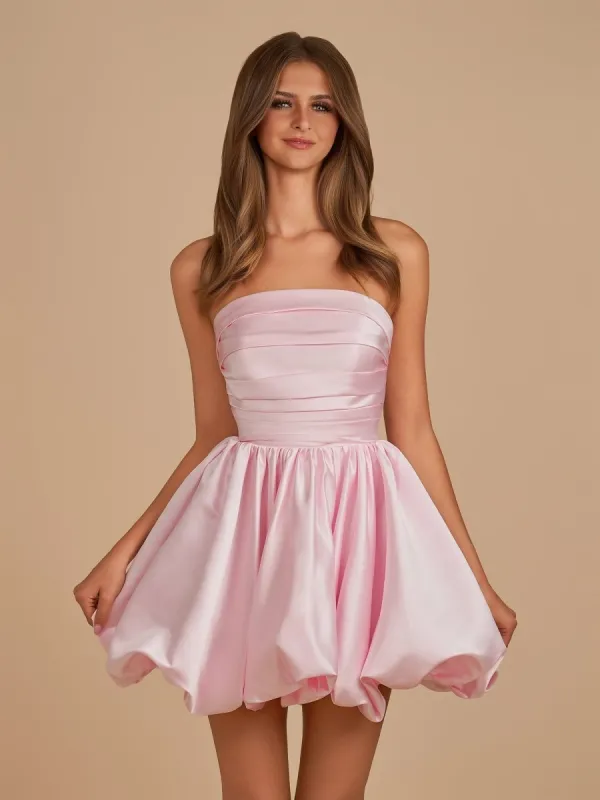 Jani | Pink - A Line Strapless Satin Bubble Hem Short Homecoming Dresses sold by KissProm