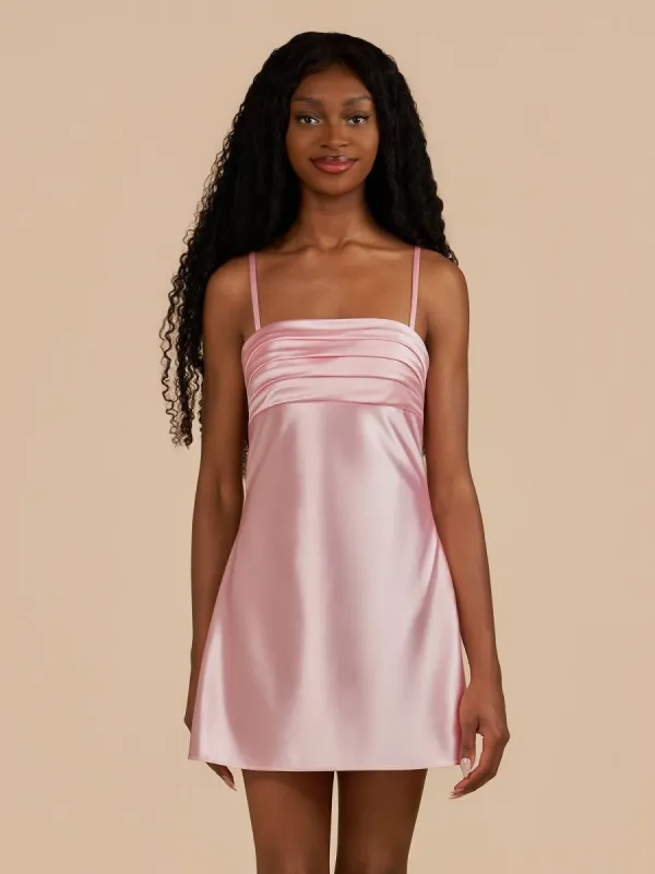 Draya | Pink - Sheath Spaghetti Straps Satin Homecoming Dress sold by KissProm