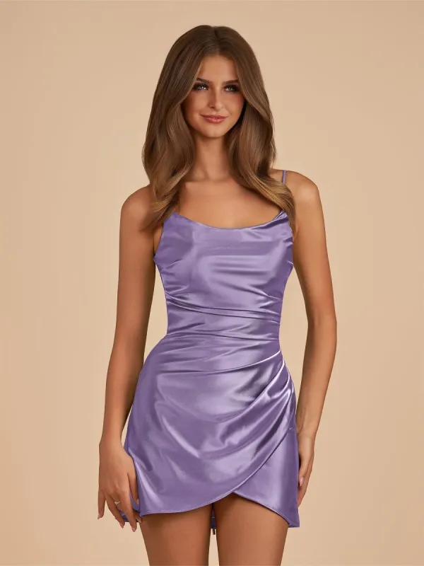 Vaya | Lilac - Sheath Spaghetti Straps Pleated Satin Short Homecoming Dress sold by KissProm