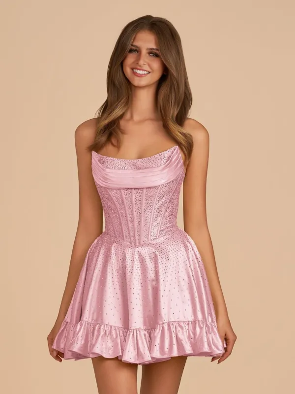Selima | Pink - A Line Scoop Neck Satin Corset Ruffled Homecoming Dresses With Beadings sold by KissProm