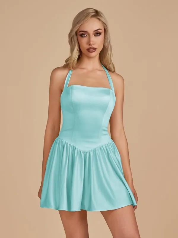 Undine | Aqua - Halter A Line Satin Short Homecoming Dress sold by KissProm