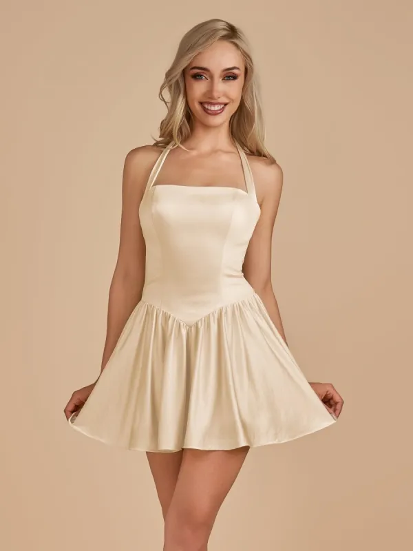 Undine | Champagne - Halter A Line Satin Short Homecoming Dress sold by KissProm