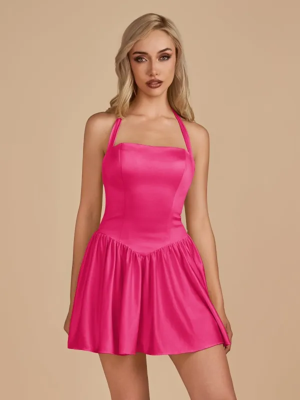 Undine | Fuchsia - Halter A Line Satin Short Homecoming Dress sold by KissProm