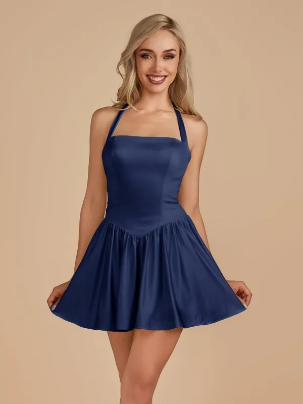 Undine | Navy Blue - Halter A Line Satin Short Homecoming Dress sold by KissProm