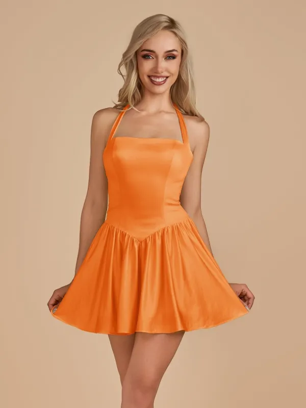 Undine | Orange - Halter A Line Satin Short Homecoming Dress sold by KissProm
