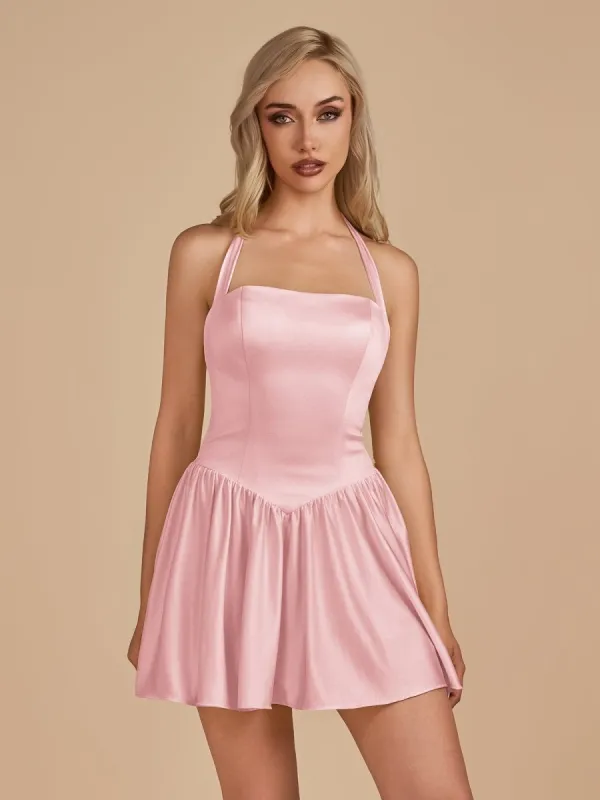 Undine | Pink - Halter A Line Satin Short Homecoming Dress sold by KissProm