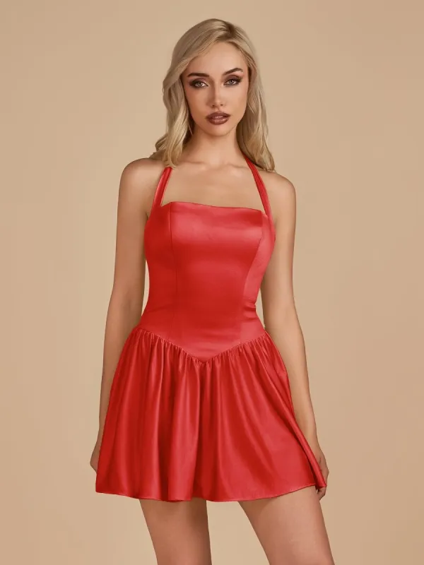 Undine | Red - Halter A Line Satin Short Homecoming Dress sold by KissProm