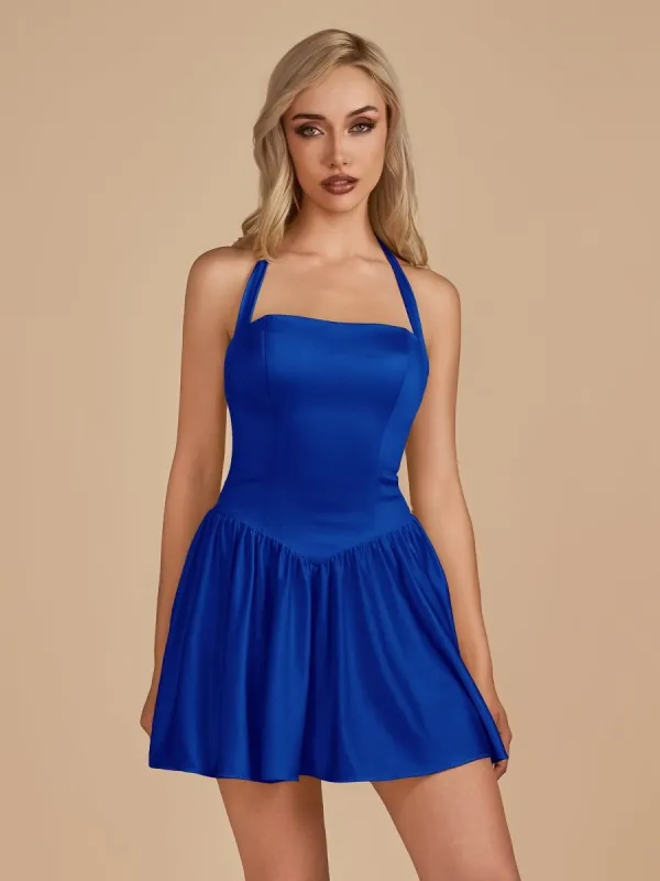 Undine | Royal Blue - Halter A Line Satin Short Homecoming Dress sold by KissProm