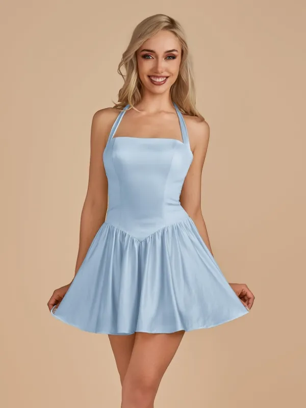 Undine | Sky Blue - Halter A Line Satin Short Homecoming Dress sold by KissProm