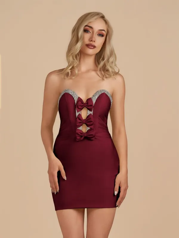 Leniya | Burgundy - Bodycon Strapless Cut Out Satin Beaded Homecoming Dress With Bows sold by KissProm