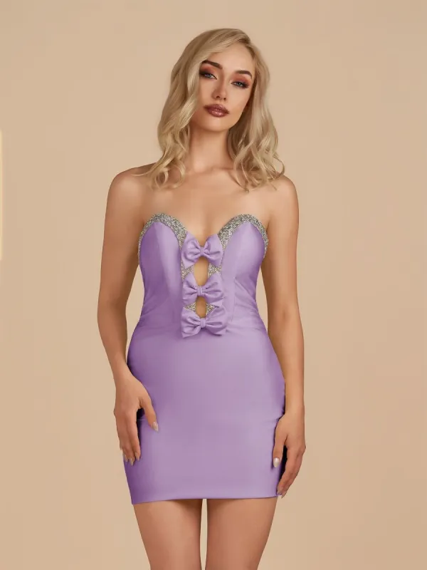 Leniya | Lilac - Bodycon Strapless Cut Out Satin Beaded Homecoming Dress With Bows sold by KissProm