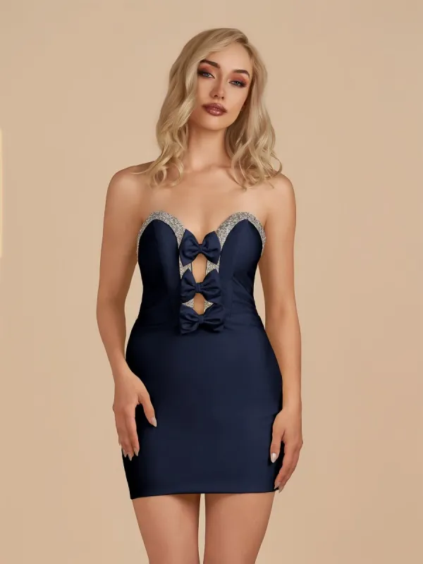 Leniya | Navy Blue - Bodycon Strapless Cut Out Satin Beaded Homecoming Dress With Bows sold by KissProm
