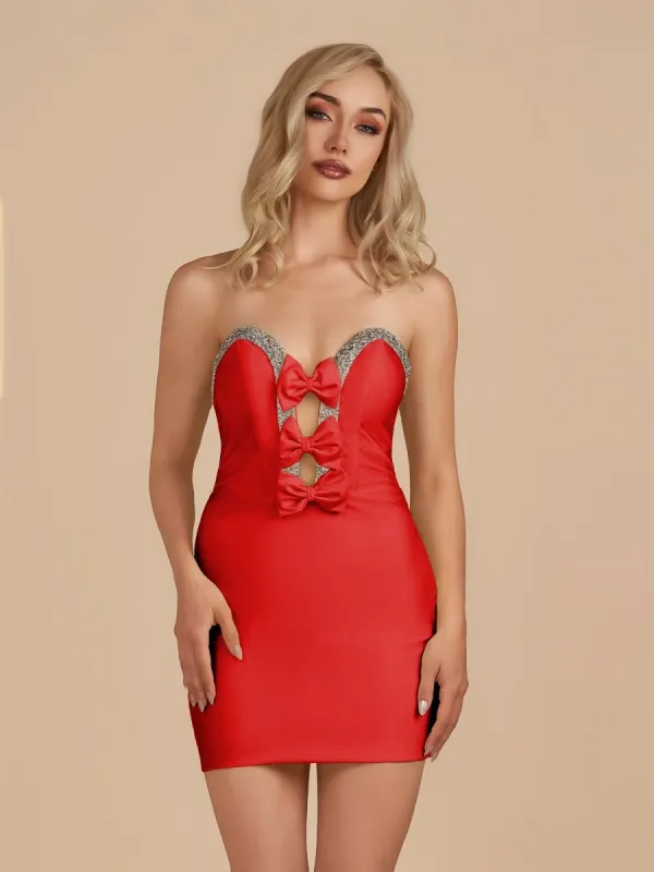 Leniya | Red - Bodycon Strapless Cut Out Satin Beaded Homecoming Dress With Bows sold by KissProm