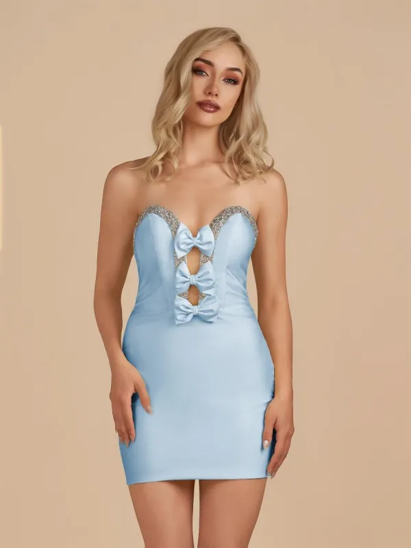 Leniya | Sky Blue - Bodycon Strapless Cut Out Satin Beaded Homecoming Dress With Bows sold by KissProm