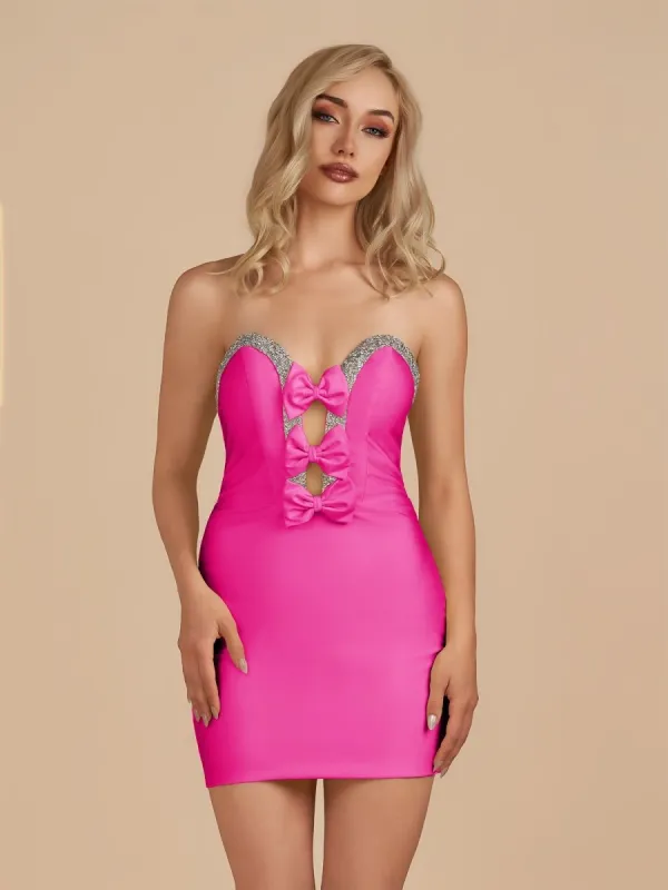 Leniya | Fuchsia - Bodycon Strapless Cut Out Satin Beaded Homecoming Dress With Bows sold by KissProm