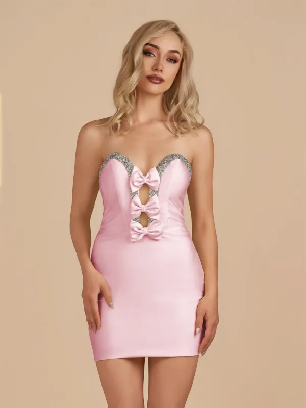 Leniya | Pink - Bodycon Strapless Cut Out Satin Beaded Homecoming Dress With Bows sold by KissProm