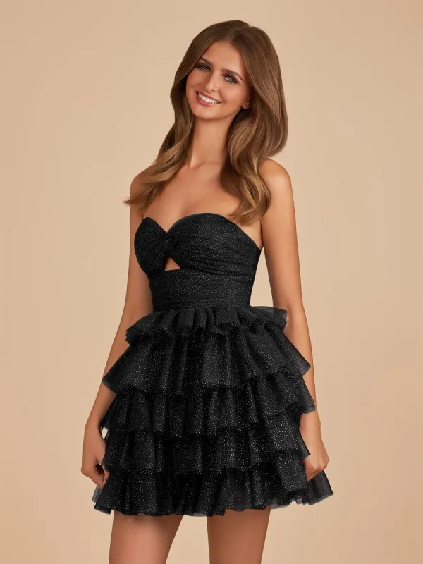 Halona | Black - A-Line Sweetheart Ruffle Tiered Tulle Short Homecoming Dresses sold by KissProm
