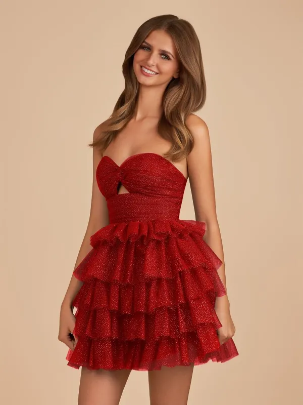 Halona | Red - A-Line Sweetheart Ruffle Tiered Tulle Short Homecoming Dresses sold by KissProm