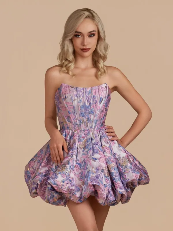 Kovi | Purple - A Line Brocade Strapless Corset Floral Homecoming Dress with Bubble Hem sold by KissProm