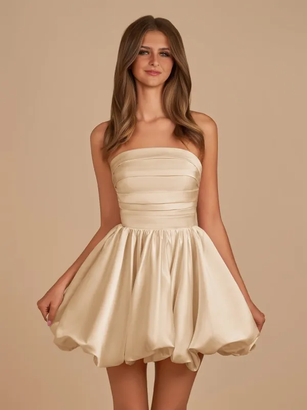 Jani | Champagne - A Line Strapless Satin Bubble Hem Short Homecoming Dresses sold by KissProm