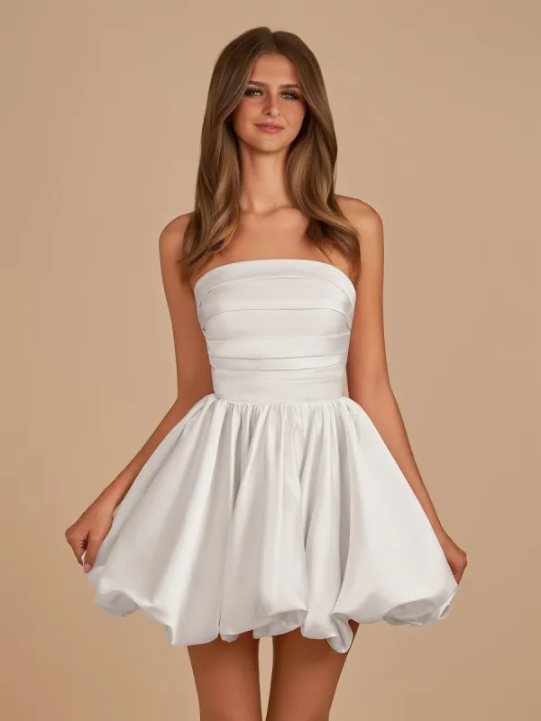 Jani | White - A Line Strapless Satin Bubble Hem Short Homecoming Dresses sold by KissProm
