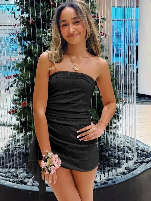 Aris | Black - Strapless Sheath Sequins Short Homecoming Dresses With Side Train sold by KissProm