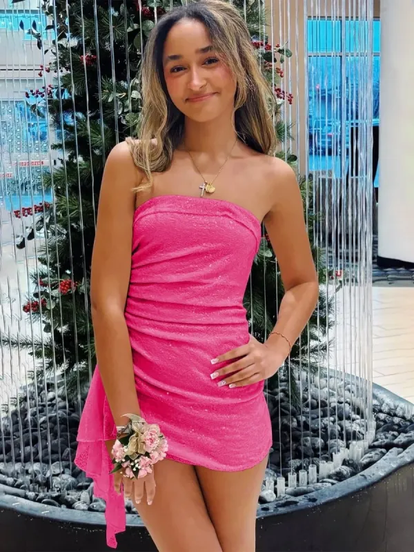 Aris | Hot Pink - Strapless Sheath Sequins Short Homecoming Dresses With Side Train sold by KissProm