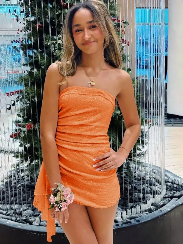 Aris | Orange - Strapless Sheath Sequins Short Homecoming Dresses With Side Train sold by KissProm