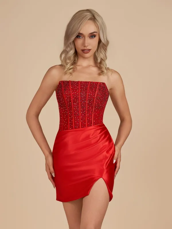 Theodie | Red - Scoop Neck Satin Short Homecoming Dresses With Beadings sold by KissProm