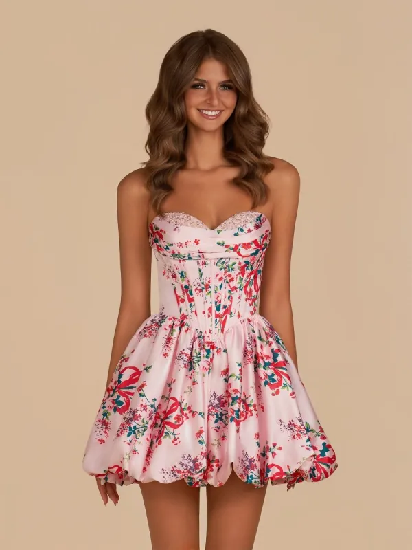 Elvy | Pink - A Line Sweetheart Floral Satin Bubble Hem Homecoming Dresses with Sequins sold by KissProm