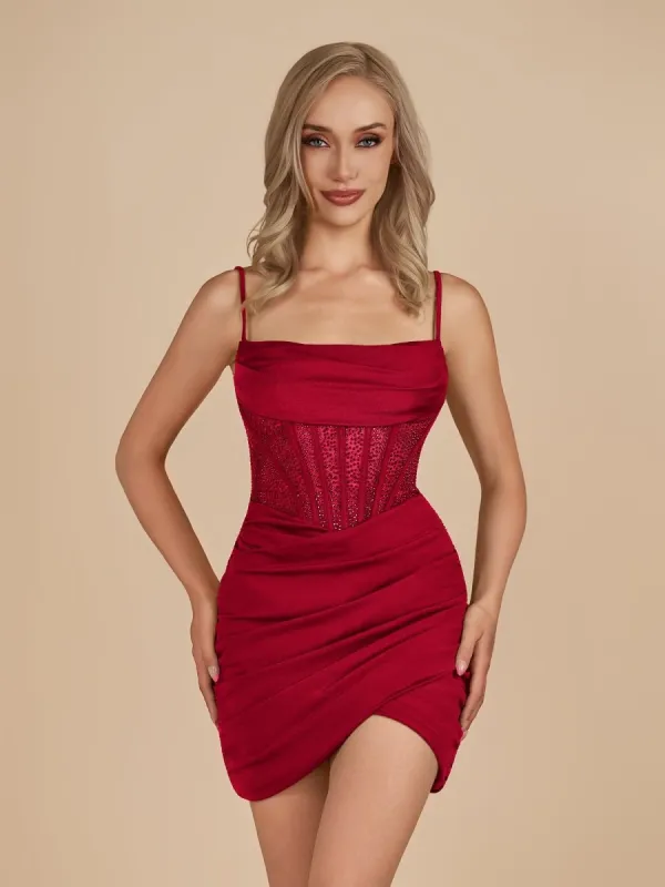 Noen | Red - Bodycon Ruched Beaded Corset Short Homecoming Dresses sold by KissProm