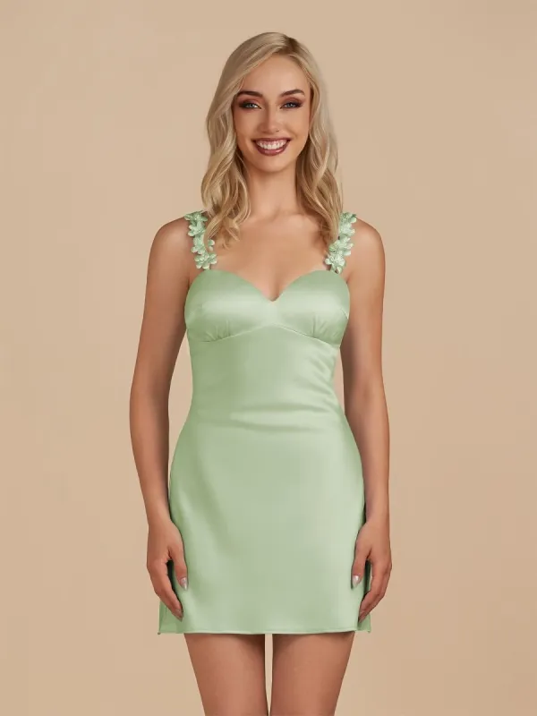 Fioraelyn | Sage - Sheath Satin V Neck Short Homecoming Dresses with Flower Straps sold by KissProm