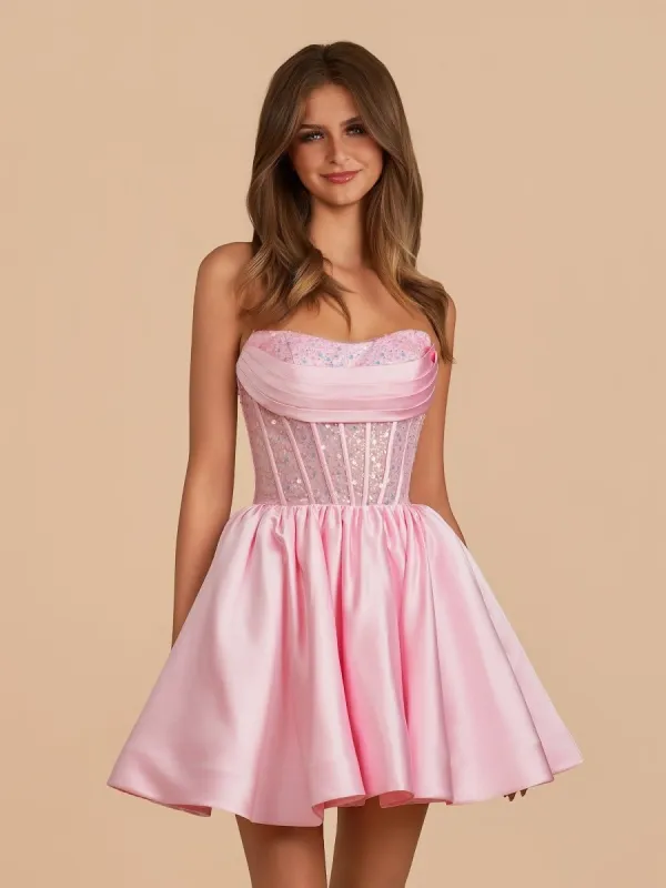 Lirra | Pink - A Line Strapless Satin Corset Short Homecoming Dresses with Sequins sold by KissProm