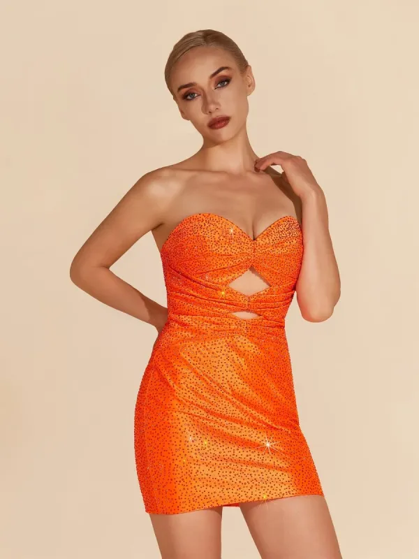 Eos | Bright Orange  - Sheath Sweetheart Sequined Cut Out Short Homecoming Dresses sold by KissProm