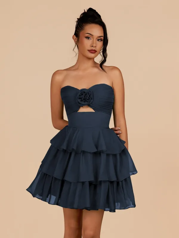 Fenara | Navy Blue - Strapless A Line Chiffon Ruffles Homecoming Dresses With Flower sold by KissProm