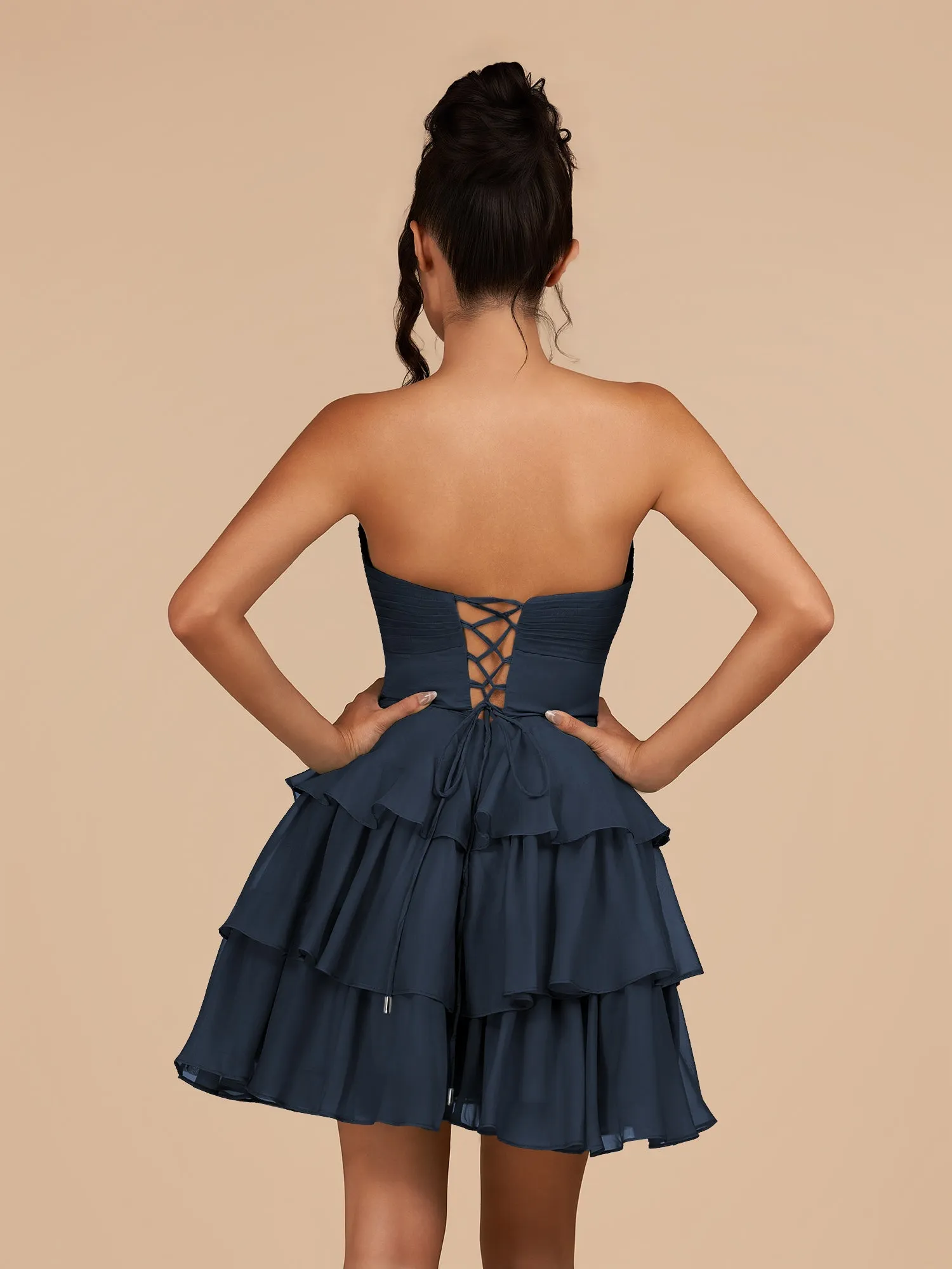 Fenara | Navy Blue - Strapless A Line Chiffon Ruffles Homecoming Dresses With Flower sold by KissProm product image thumbnail 2