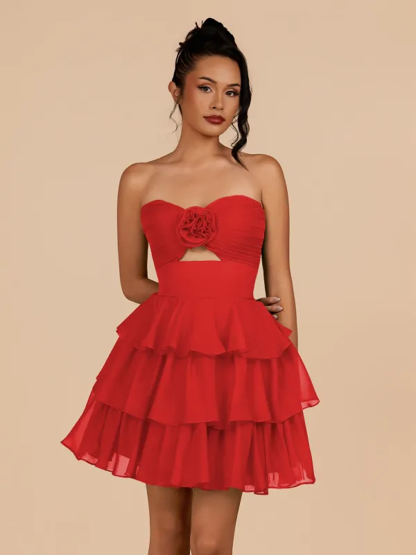 Fenara | Red - Strapless A Line Chiffon Ruffles Homecoming Dresses With Flower sold by KissProm