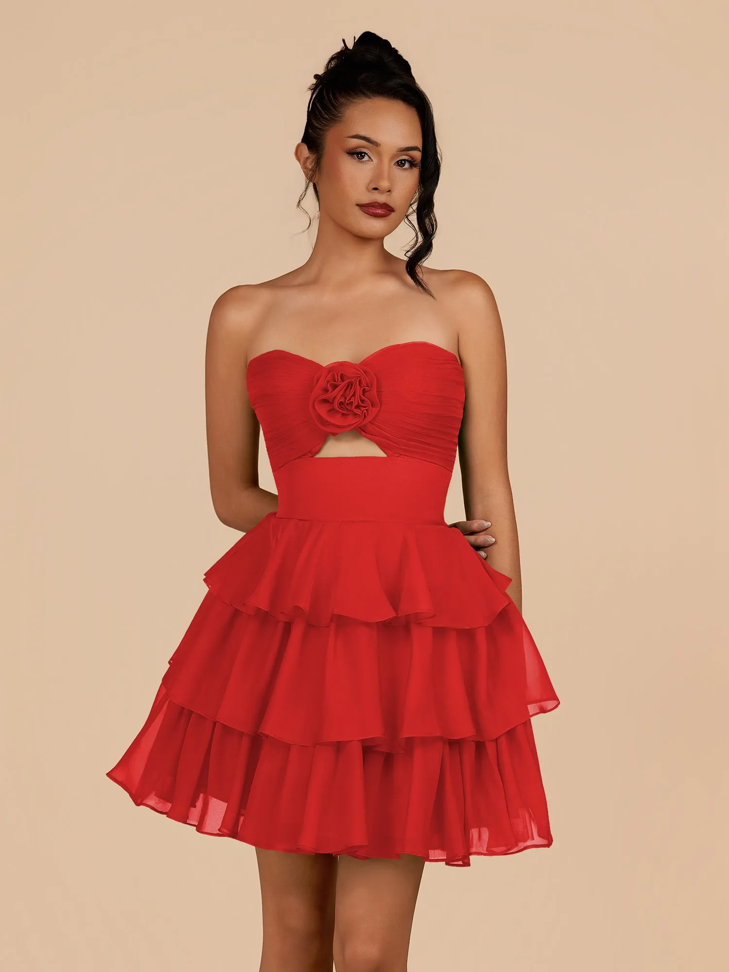 Red - Strapless A Line Chiffon Ruffles Homecoming Dresses With Flower sold by KissProm