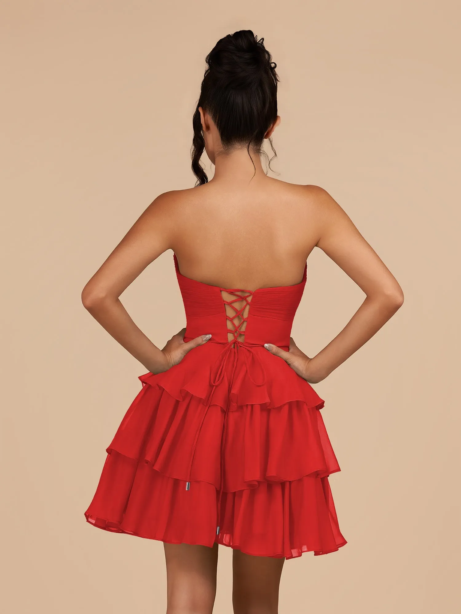 Red - Strapless A Line Chiffon Ruffles Homecoming Dresses With Flower sold by KissProm product image thumbnail 2