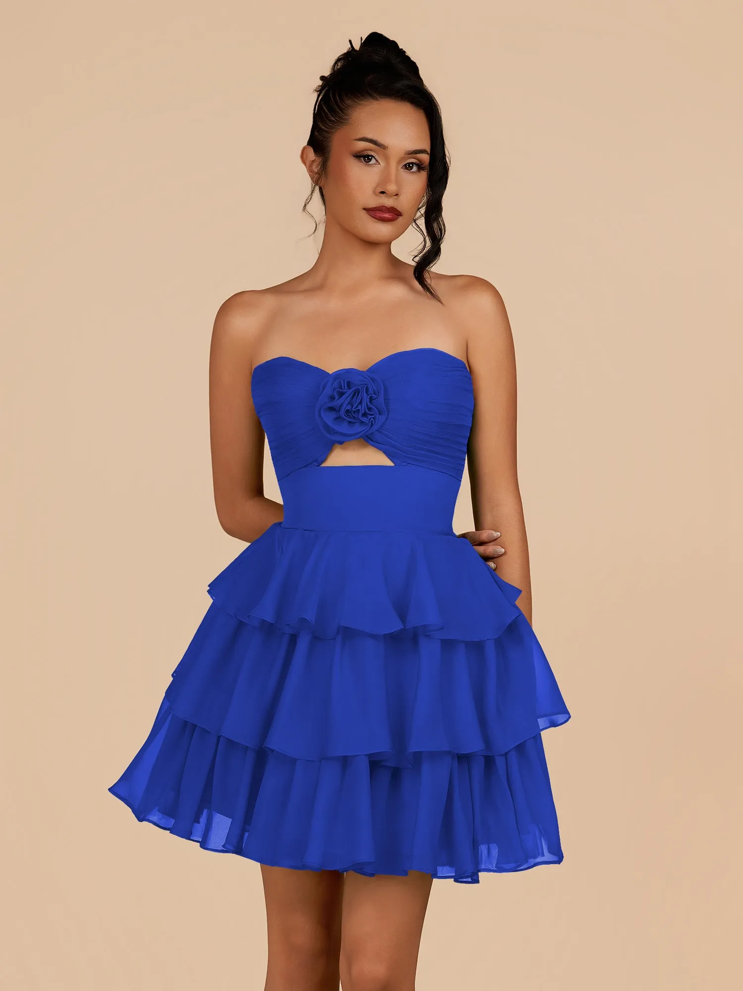 Fenara | Royal Blue - Strapless A Line Chiffon Ruffles Homecoming Dresses With Flower sold by KissProm