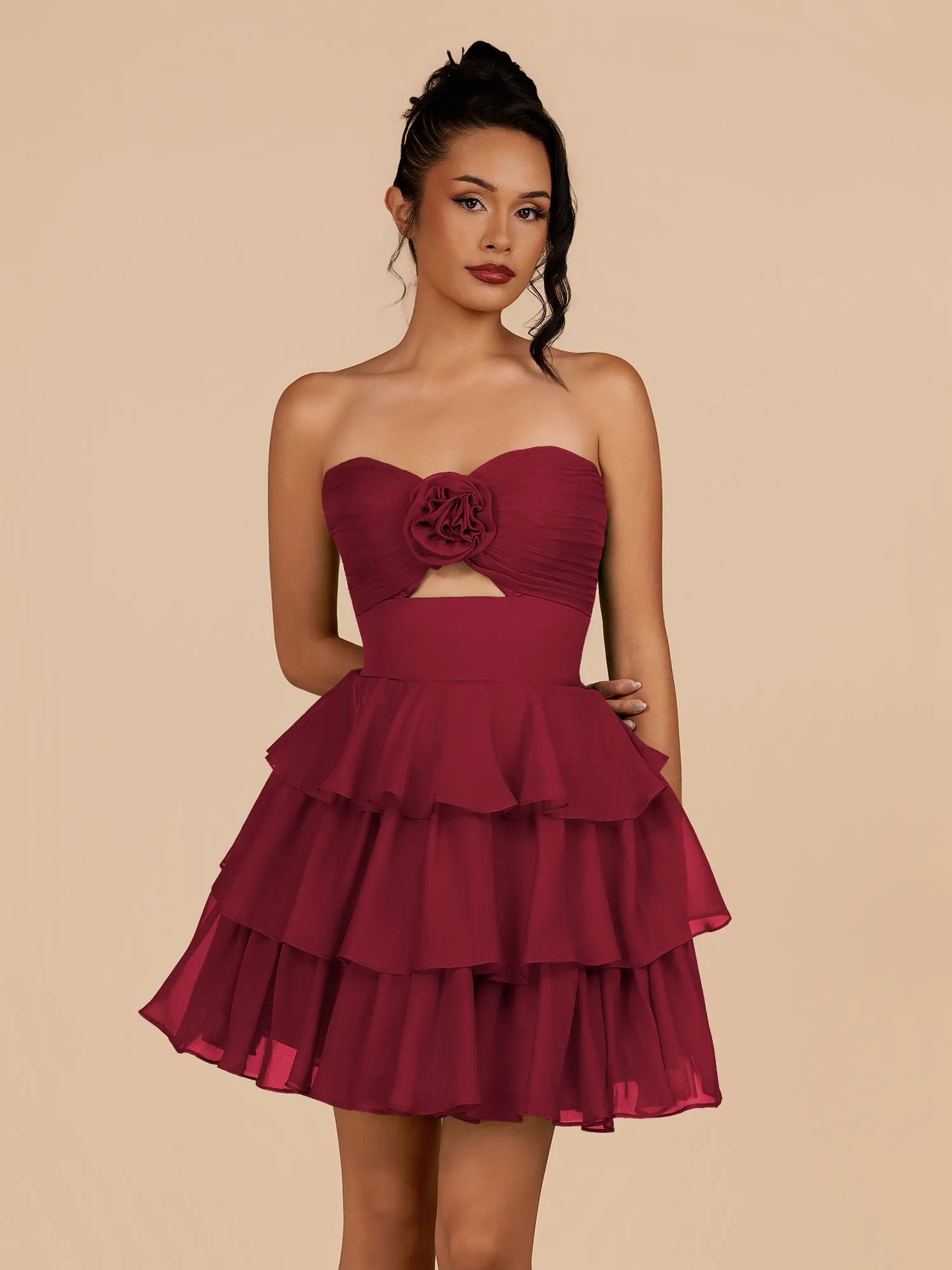 Fenara | Burgundy - Strapless A Line Chiffon Ruffles Homecoming Dresses With Flower sold by KissProm