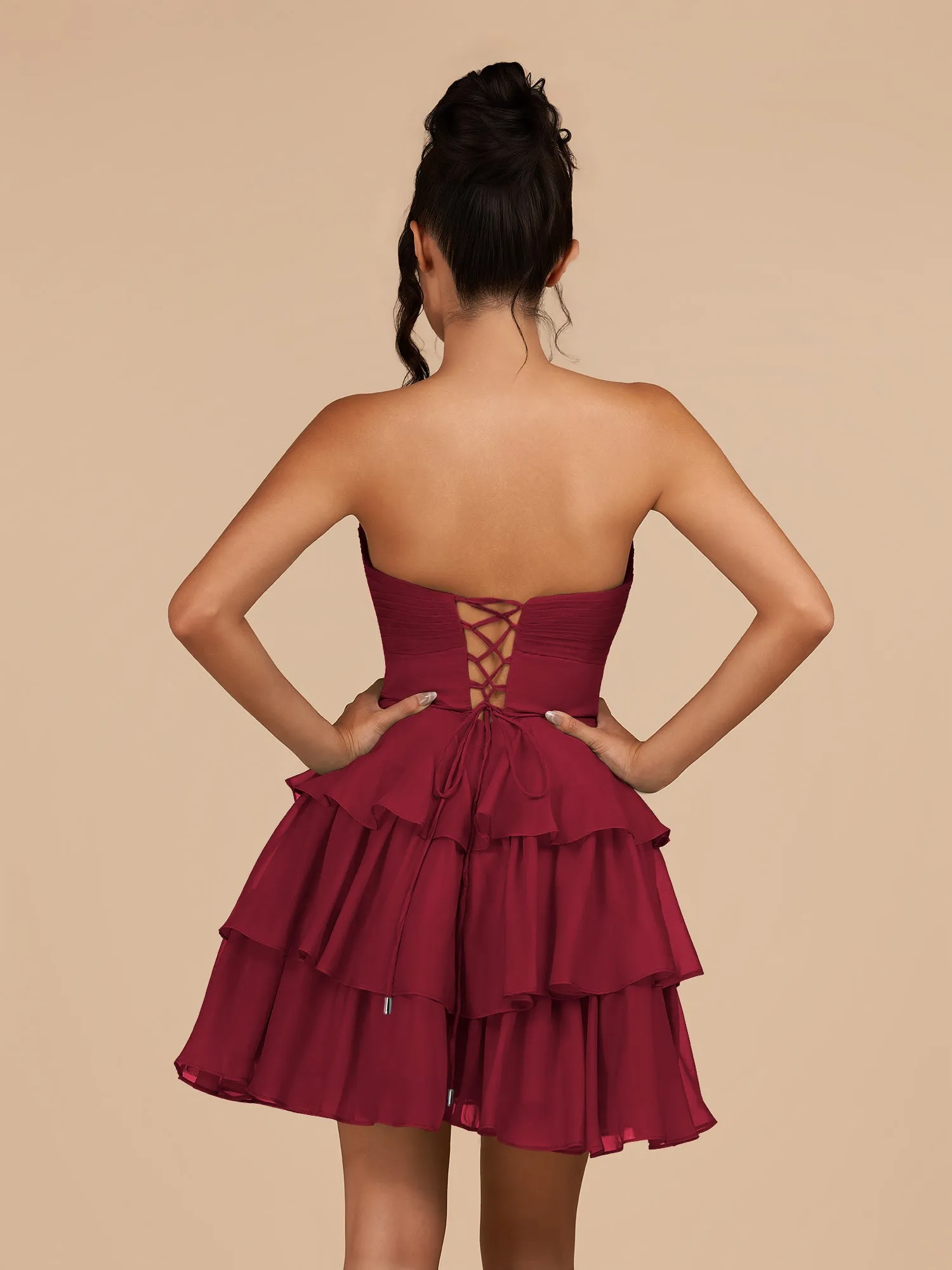 Fenara | Burgundy - Strapless A Line Chiffon Ruffles Homecoming Dresses With Flower sold by KissProm product image thumbnail 2