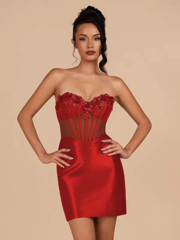Indie | Red - Bodycon Sequined Flowers Corset Sweetheart Homecoming Dress sold by KissProm
