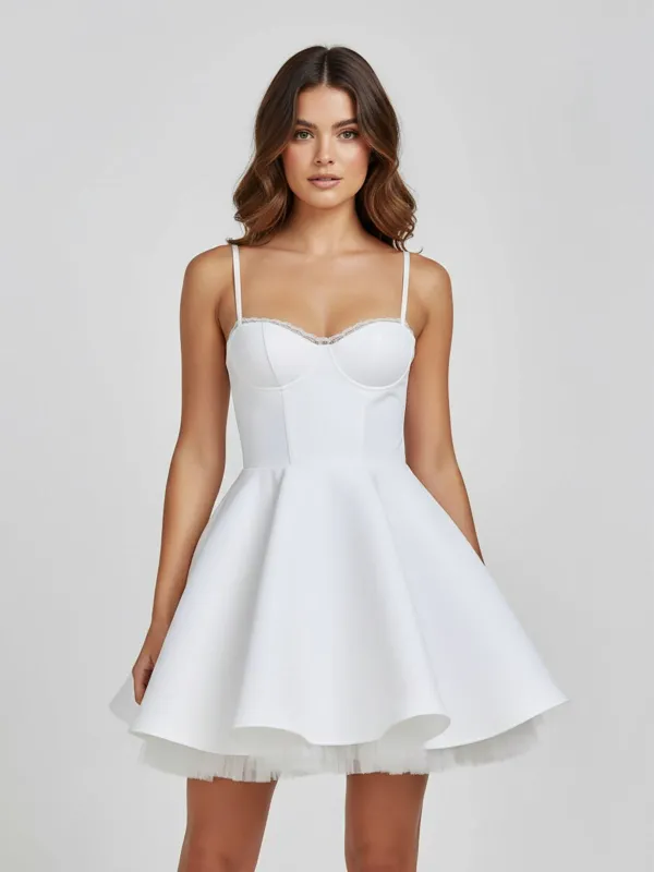 Spinel  | White - Spaghetti Straps A Line Satin Short Homecoming Dress With Lace sold by KissProm