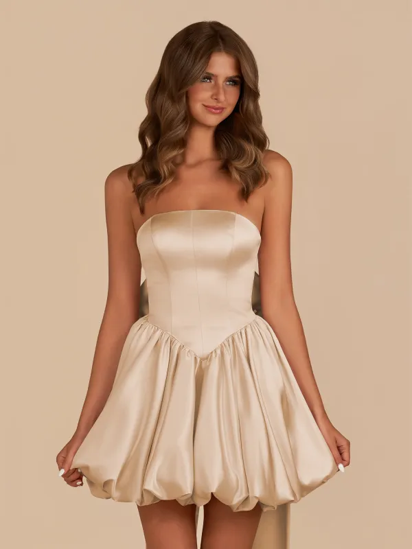 Raelee | Champagne - Strapless A Line Satin Short Homecoming Dress With Bow sold by KissProm
