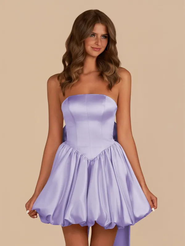 Raelee | Lavender - Strapless A Line Satin Short Homecoming Dress With Bow sold by KissProm