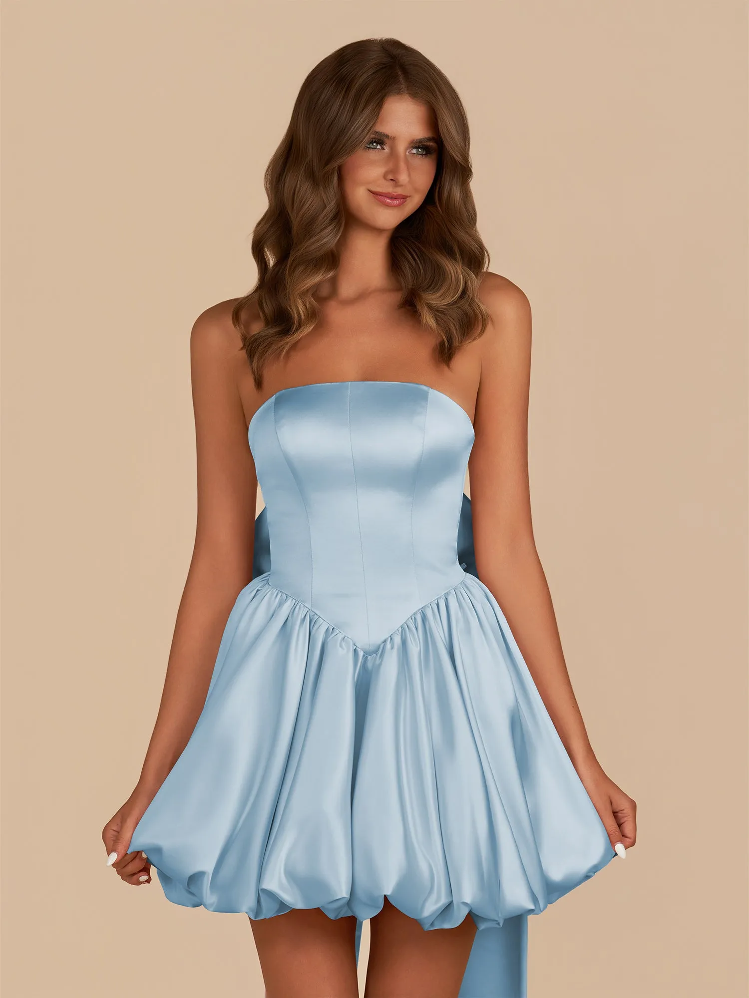 Raelee | Sky Blue - Strapless A Line Satin Short Homecoming Dress With Bow sold by KissProm